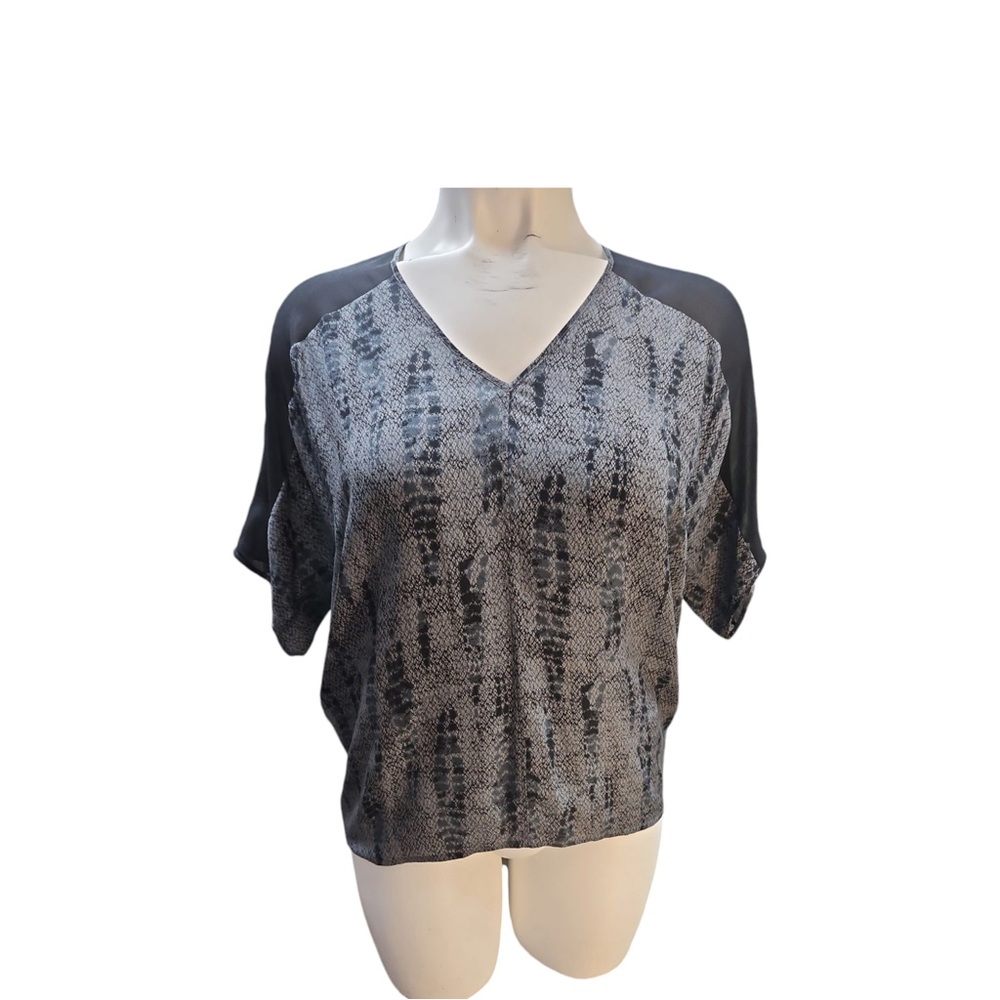 Eileen Fisher Top 100% silk - SS sheer black panel 2 shoulders sz L tunic